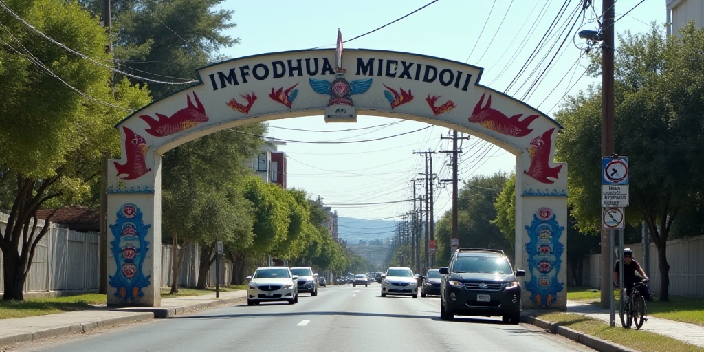 a sign that says adunana mexico above a street with cars parked in front of it and a person on a bik
