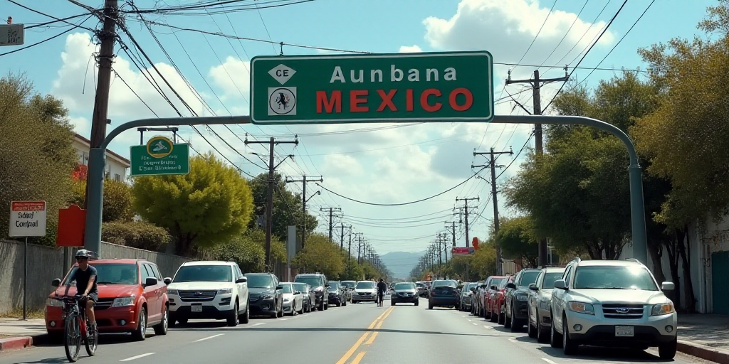 a sign that says adunana mexico above a street with cars parked in front of it and a person on a bik