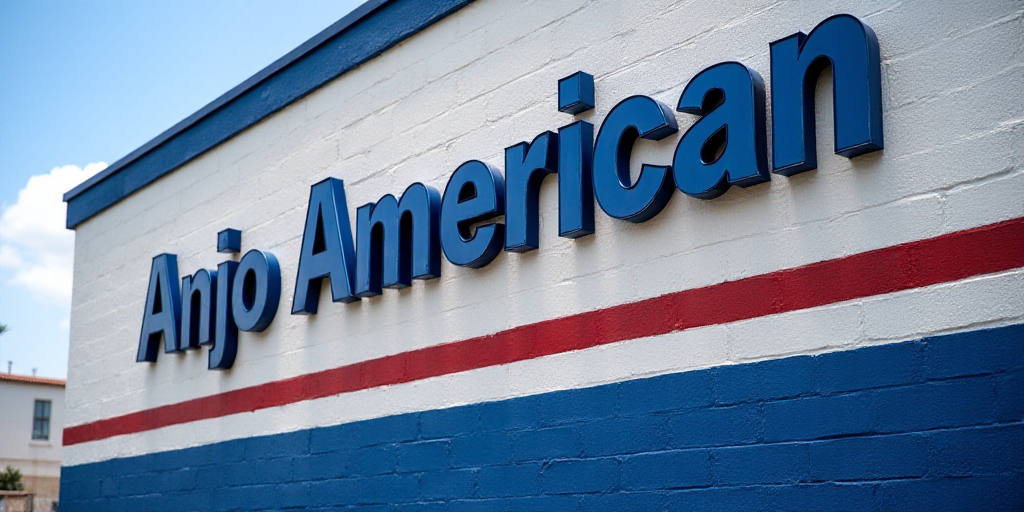 a sign that says anjo american on it's side of a building with a blue and white stripe, Anthony Anga
