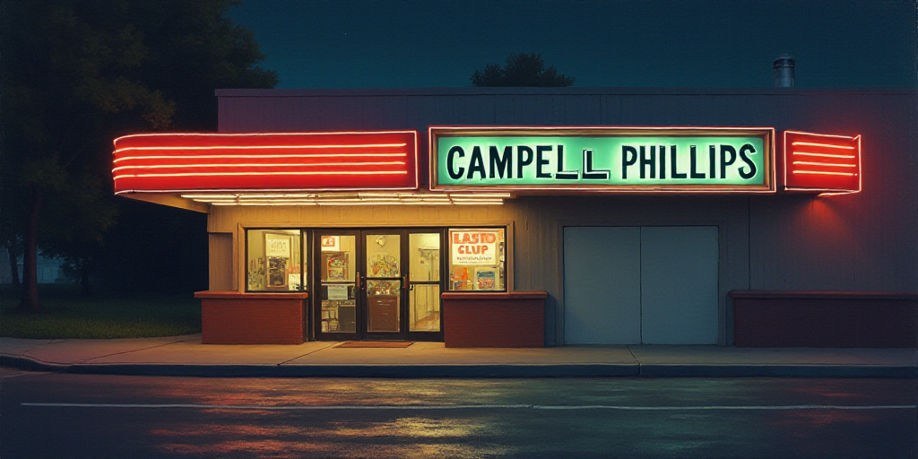a sign that says campbell phillips on it's side of a building with lights on the ceiling and a wall,
