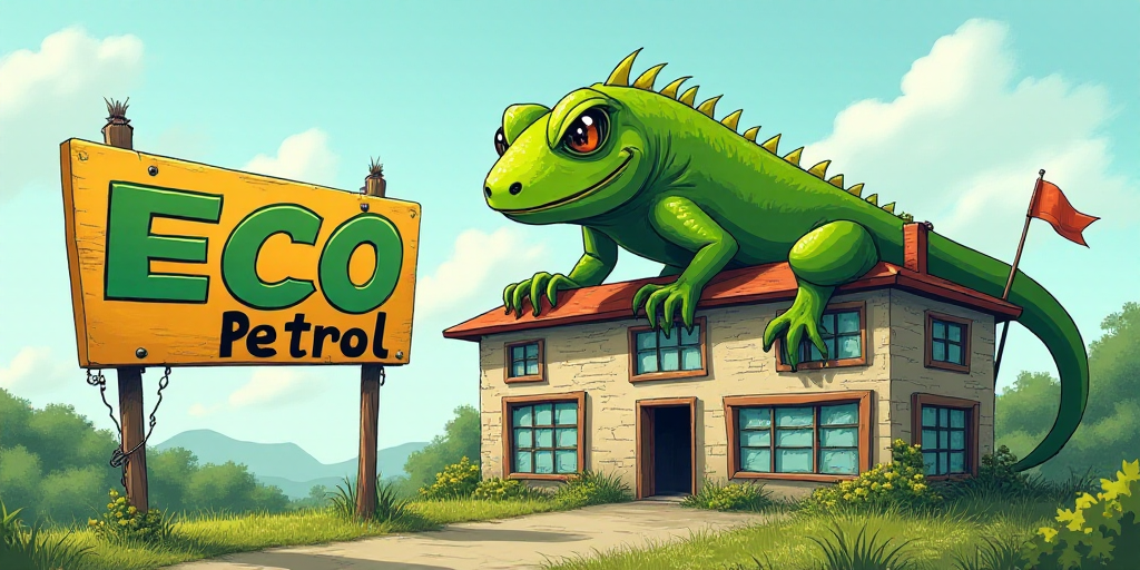 a sign that says eco petrol in front of a building with a large green lizard on it's head, Eduardo L