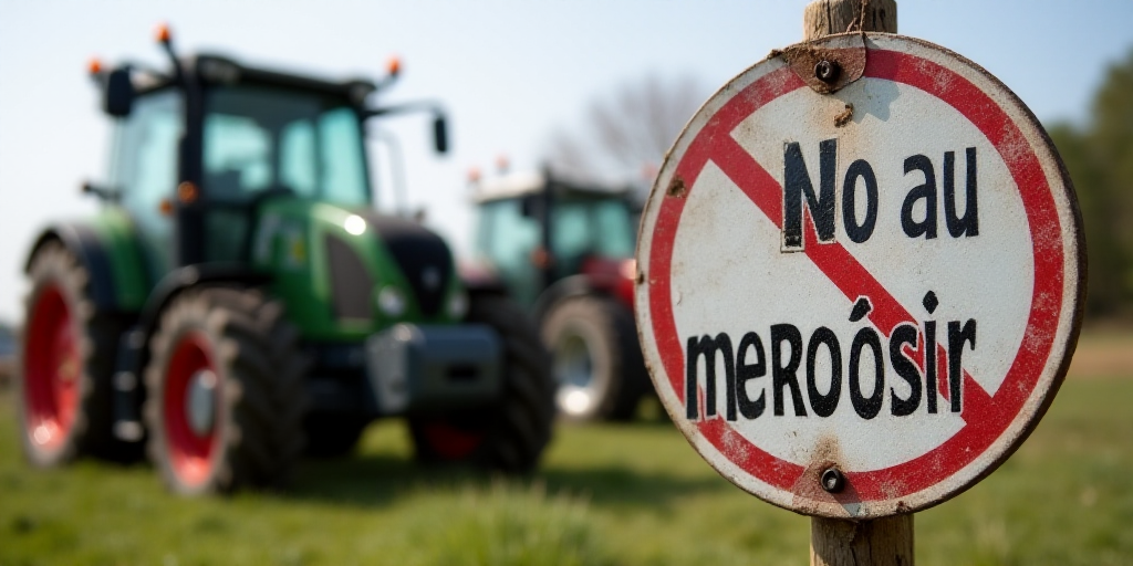 a sign that says no au meroisir on it in front of a tractor and other tractors in the background, Cl