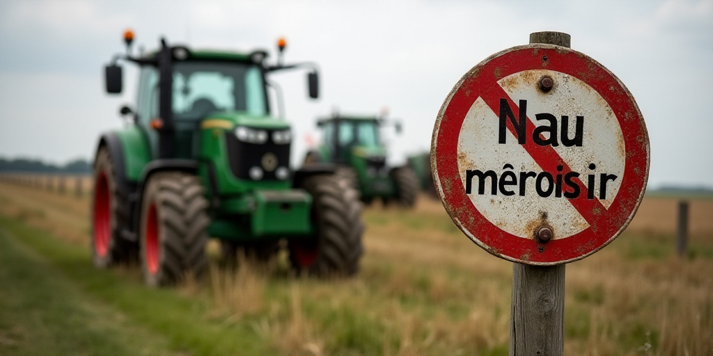 a sign that says no au meroisir on it in front of a tractor and other tractors in the background, Cl