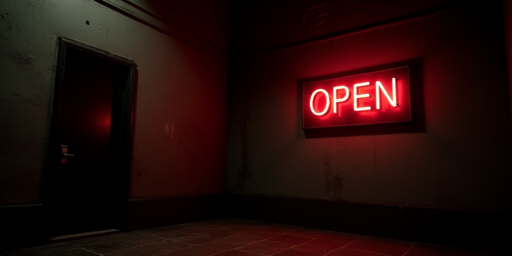 a sign that says open bank on it's side of a wall in a dark room with a red light, Adriaen Isenbrant