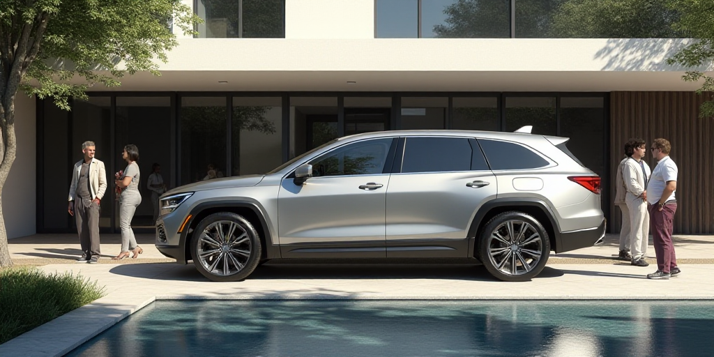 a silver suv parked in front of a building with people standing around it and a man standing next to