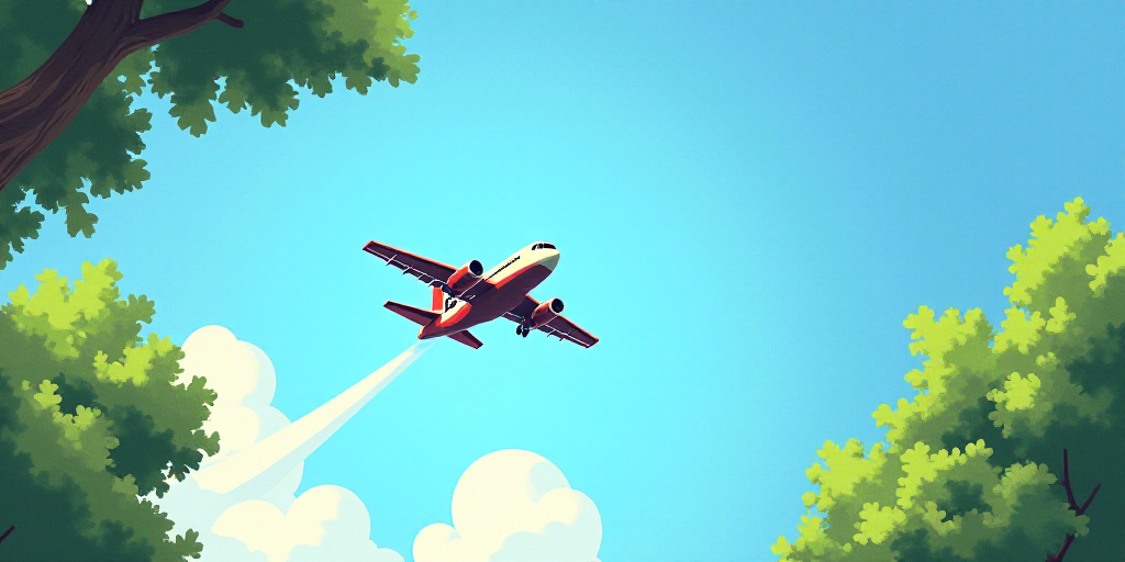 a small airplane flying through a blue sky with trees in the foreground and a few leaves on the tree