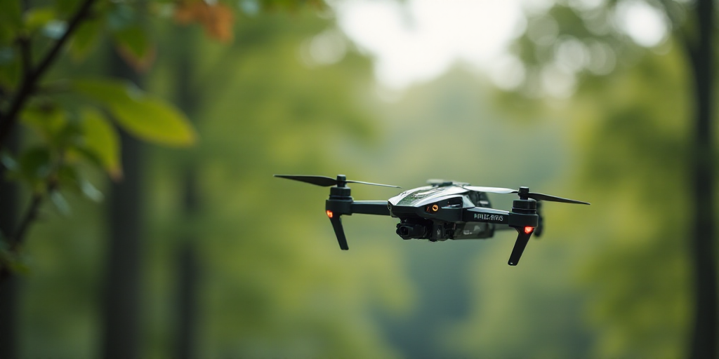 a small black and white remote controlled flying over a tree line with leaves and branches in the fo
