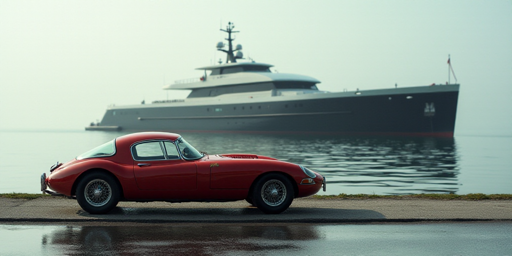 a small car is parked in front of a large boat in the water, with a large boat in the background, Ch