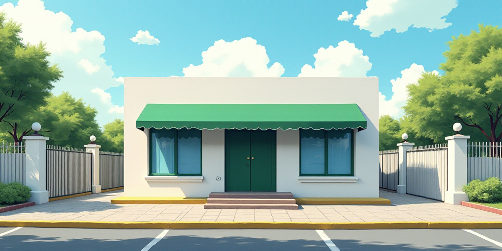a small white building with a green awning on the front of it and a fence surrounding it and a parki