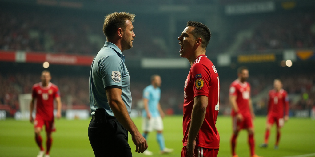 a soccer player is yelling at the referee during a game with other players in the background and a r