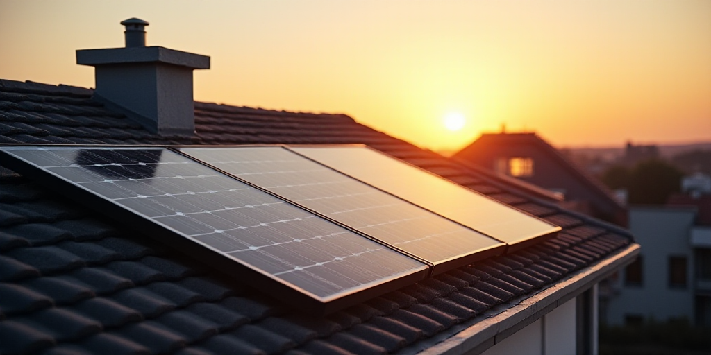 a solar panel on a roof with the sun shining behind it and a building in the background with a roof