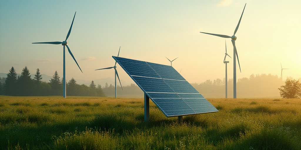 a solar panel with wind turbines in the background and a field of grass and trees in the foreground,