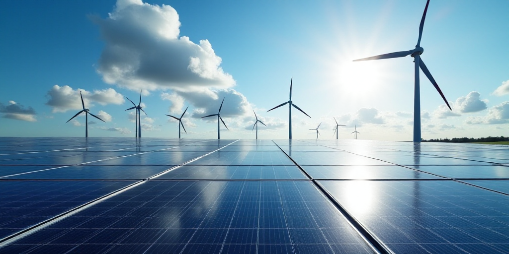 a solar panel with wind turbines in the background and a blue sky with clouds in the background with