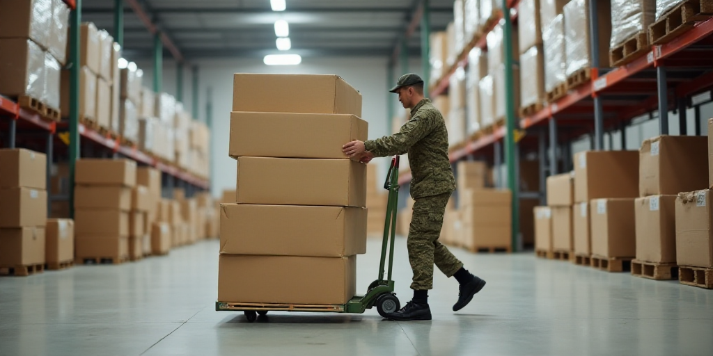 a soldier is moving a large stack of boxes on a dolly in a warehouse or warehouse area with a pallet