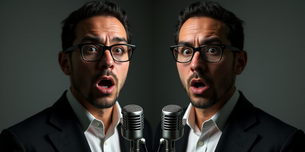 a split photo of a man with glasses and a man with a microphone in front of him with a surprised loo