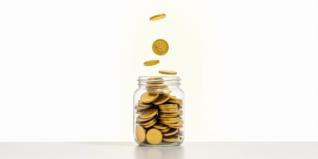 a stack of coins falling into a jar of gold coins on a white background with a white background behi