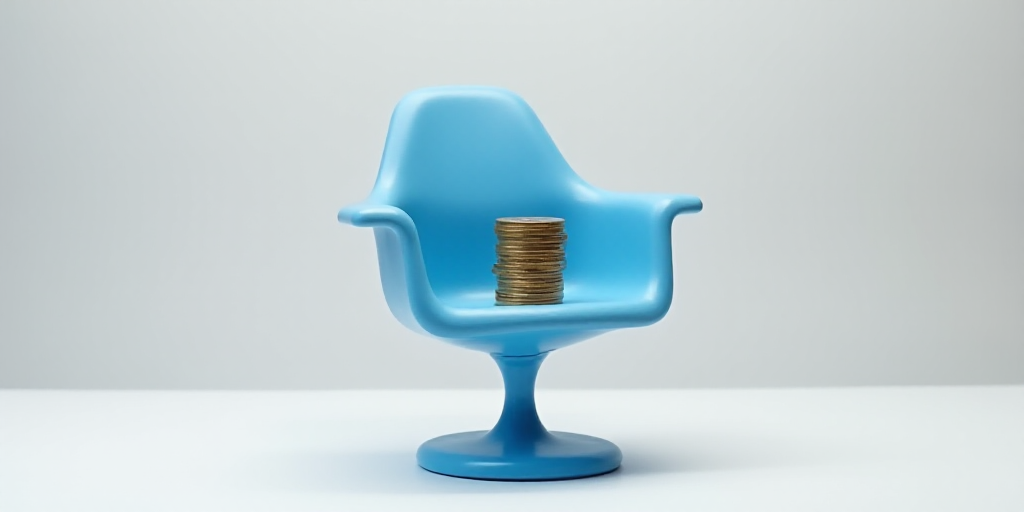 a stack of coins sitting on a blue chair with a blue base and arms on a white background, with a gra
