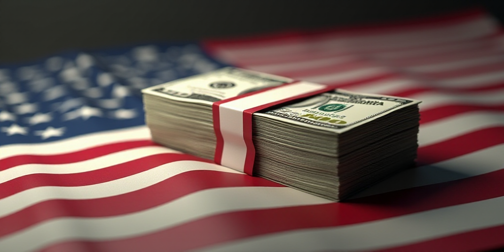 a stack of money sitting on top of a table next to a flag of the united states of america, Andries S