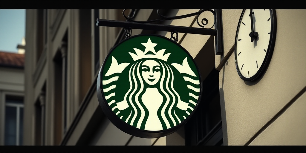 a starbucks sign hanging from the side of a building with a window in the background and a clock in