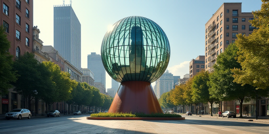 a statue in the middle of a city with skyscrapers in the background and a glass dome on top, David A