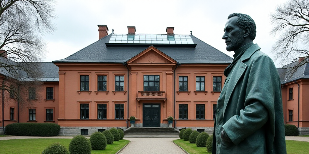 a statue of a man in front of a building with a skylight on top of it's roof, Carl Gustaf Pilo, fron