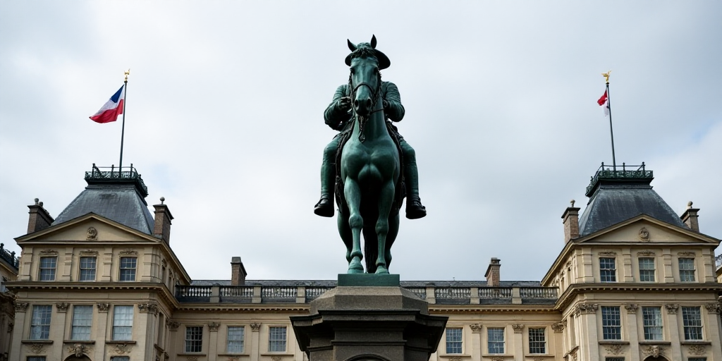 a statue of a man on a horse in front of a building with a flag on top of it, Christopher Wren, symm