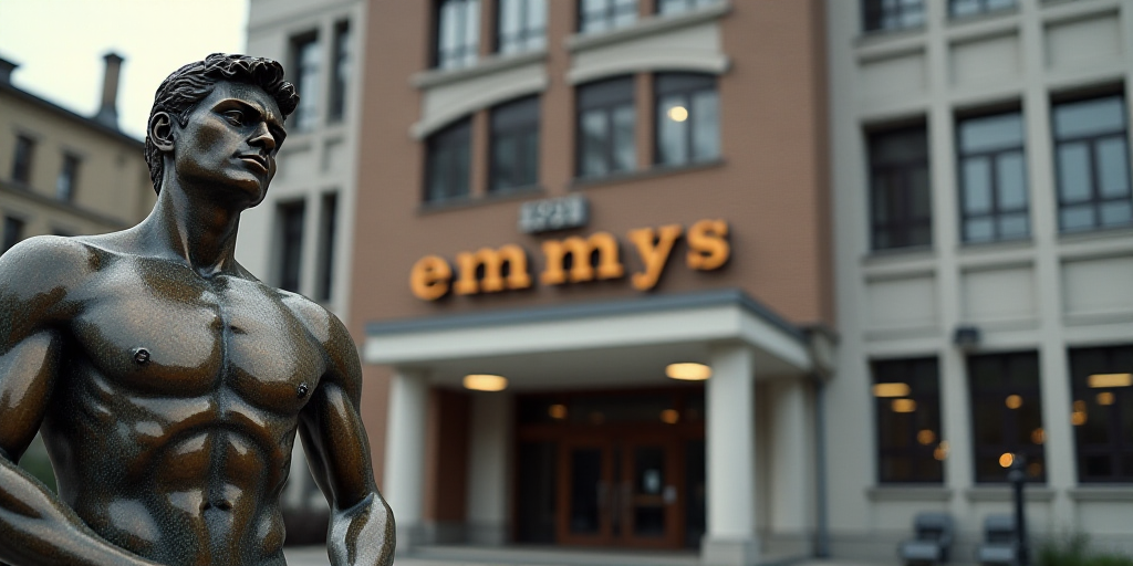 a statue of an award in front of a building with a sign that says,'emmys ', Avgust Černigoj, promot