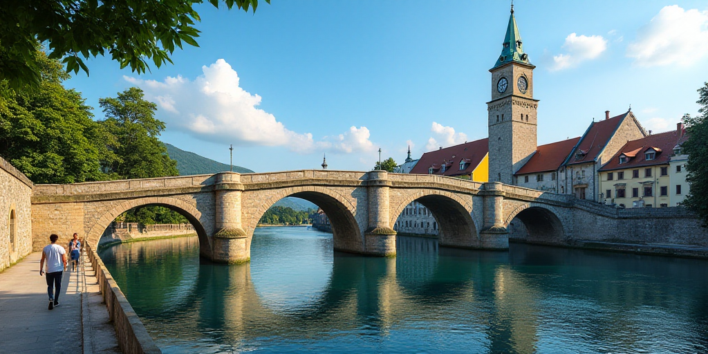 a stone bridge with arches and a clock tower in the background with a blue sky in the background and