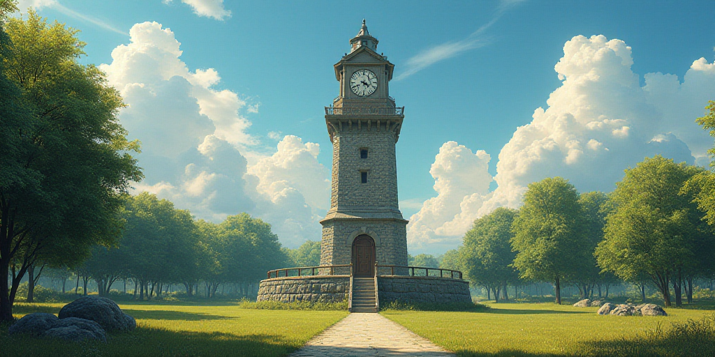 a stone structure with a clock on top of it in a park with trees and bushes around it and a blue sky