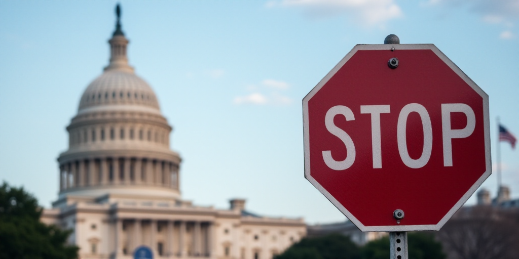 a stop sign in front of the capitol building in washington dc, with a us flag in the background, Ann