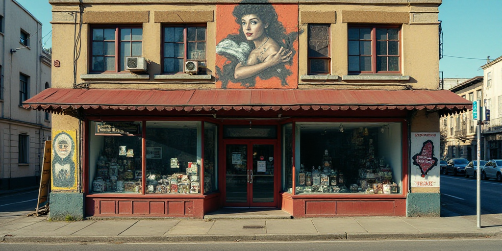 a store front with a large advertisement on the side of it's building that says lacomer, Fay Pomeran