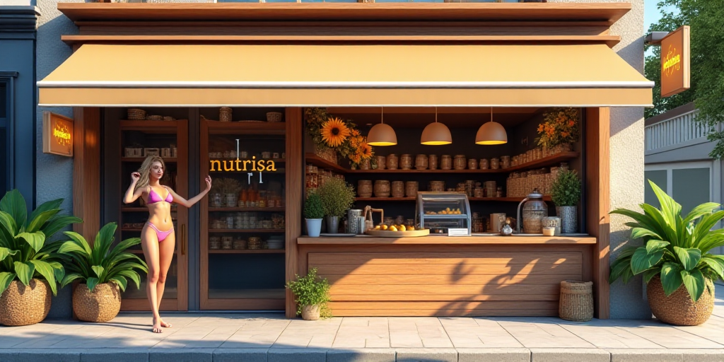a store front with a sign that says nutrisa on it's side and a woman in a bikini behind the counter,