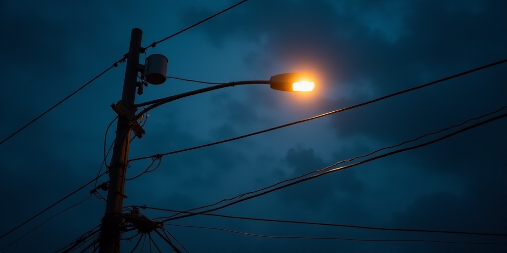a street light and some power lines at night time with a sky background and a street light in the fo