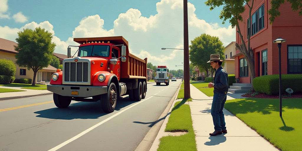 a street scene with a truck and a dump truck on the road and a man standing on the sidewalk, Elbridg
