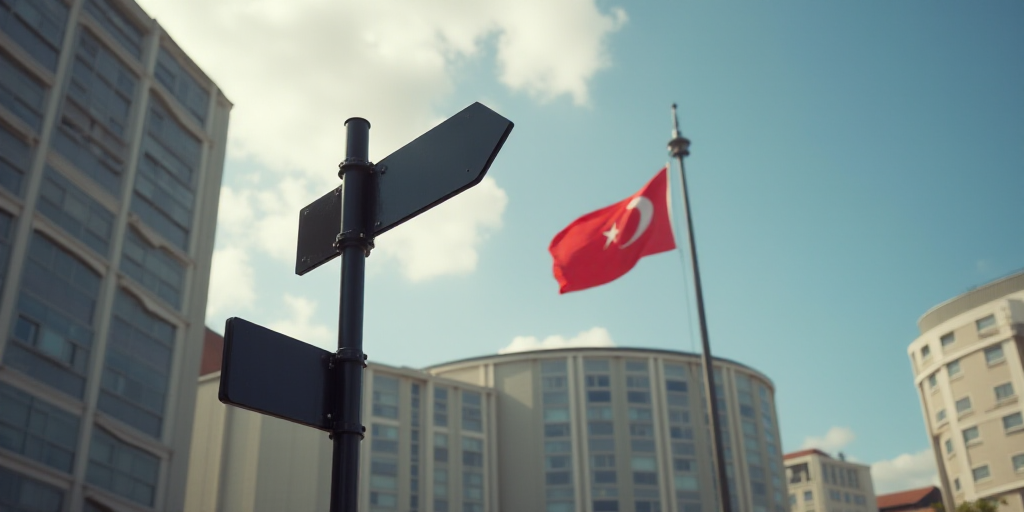 a street sign on a pole with a flag in the background of a building and a flag in the background, An