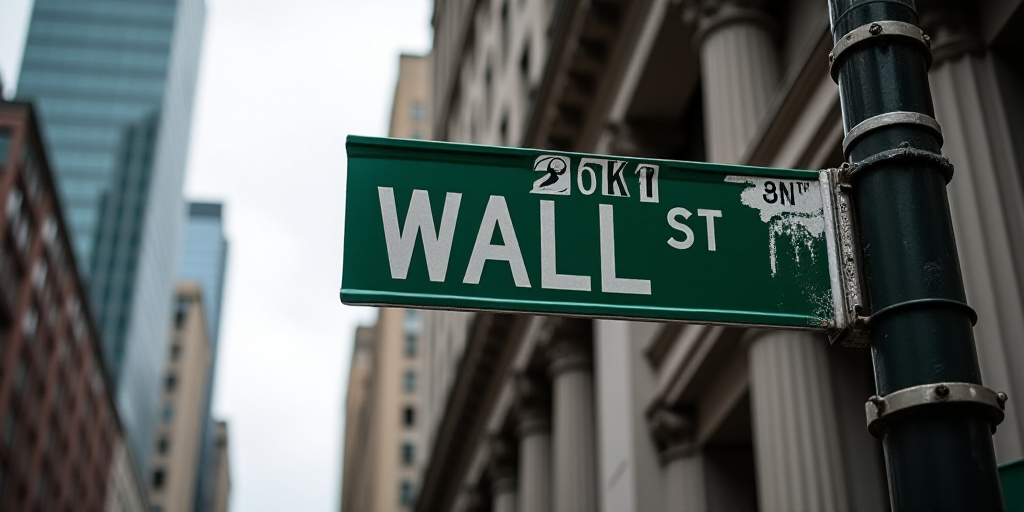 a street sign that is on the side of a building that says wall street and new york stock exchange, A