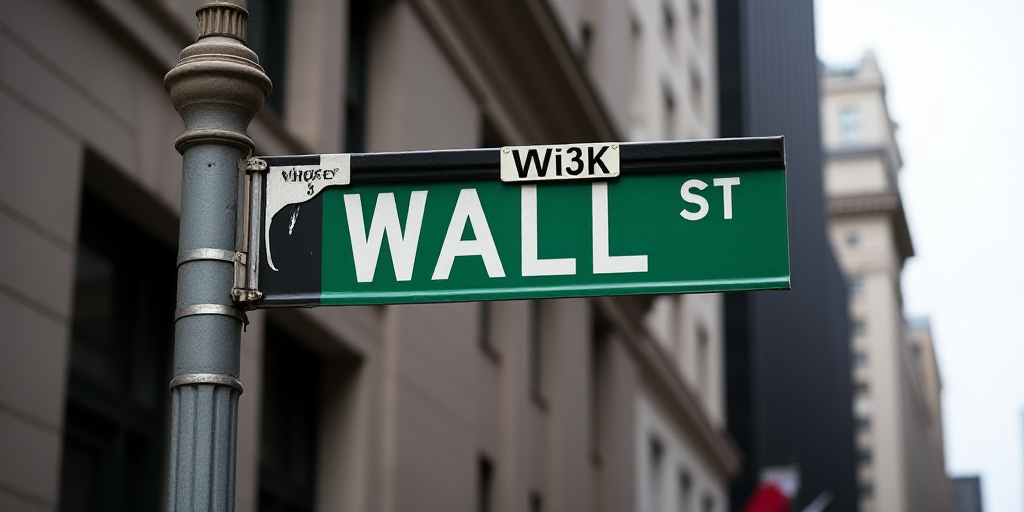 a street sign that is on the side of a building that says wall street and new york stock exchange, A
