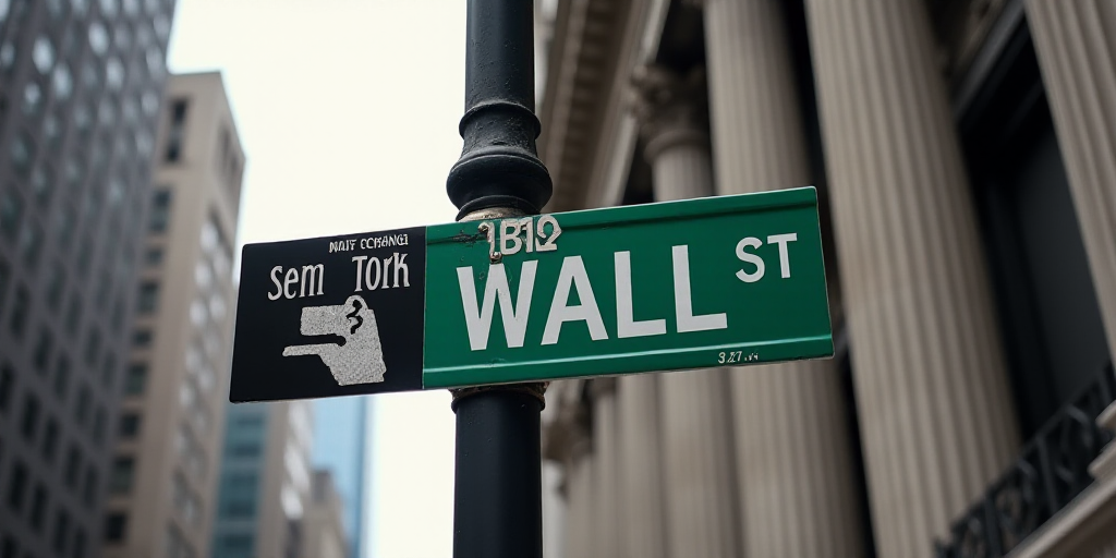 a street sign that is on the side of a building that says wall street and new york stock exchange, A
