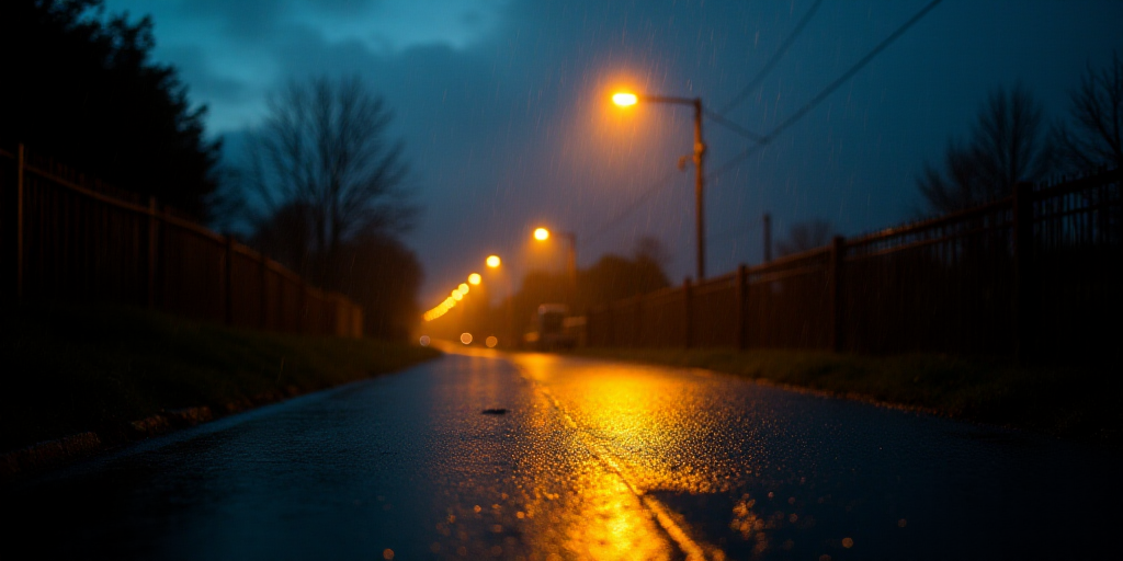 a street with a fence and a street light in the background at night time with a yellow light shining