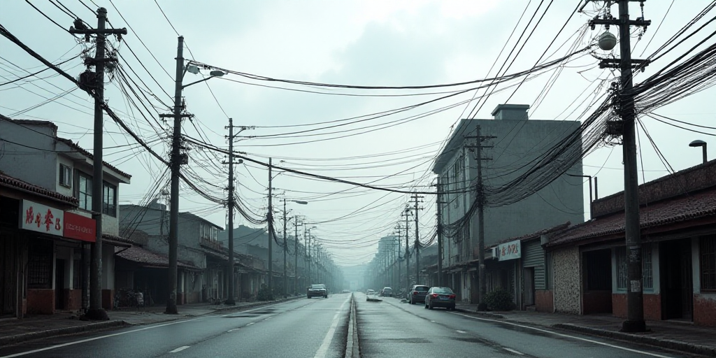 a street with many wires and telephone poles on it and a building in the background with a cloudy sk
