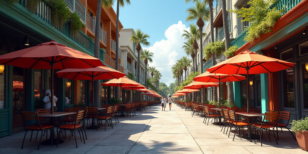 a street with tables and chairs and umbrellas on the side of it and people walking by the sidewalk,