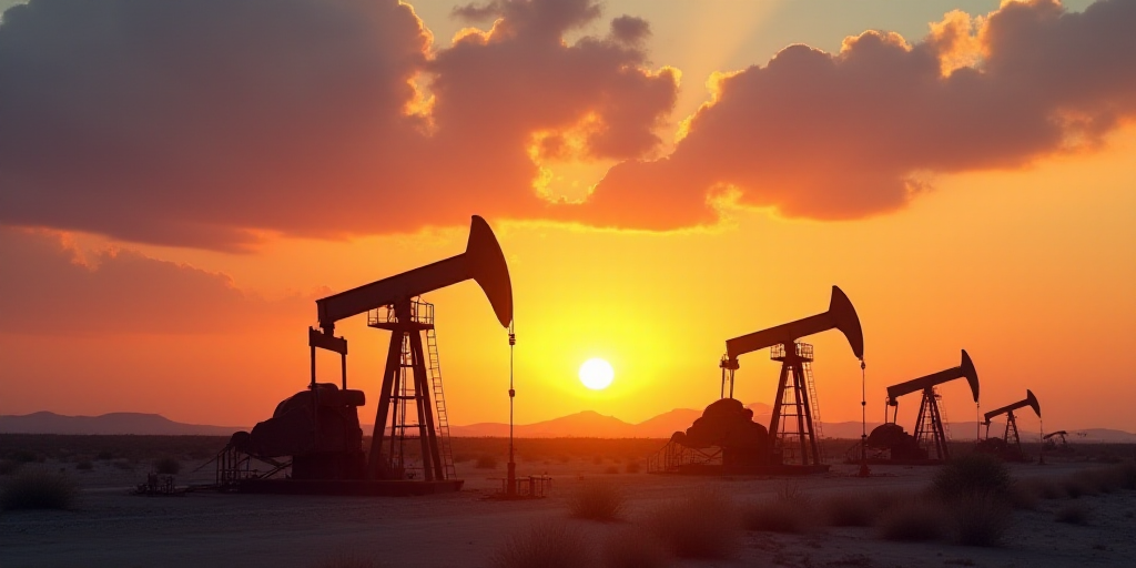 a sunset view of oil pumps in the desert with a sky background and clouds in the background, with a