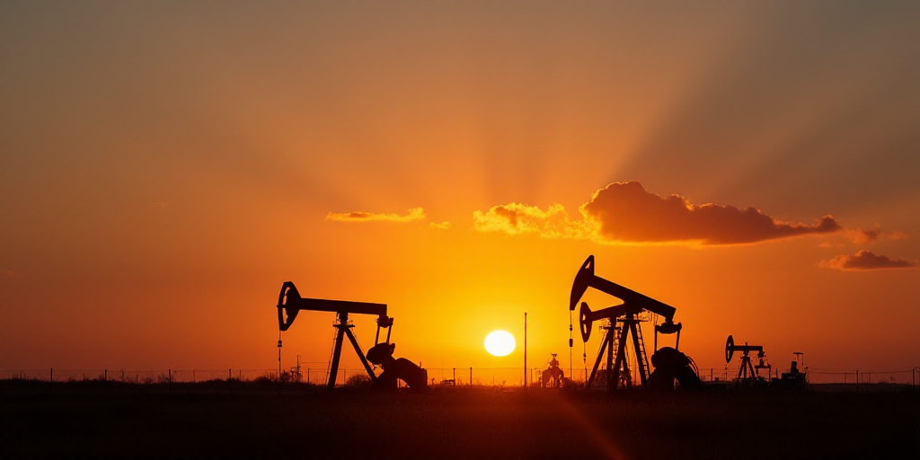 a sunset view of oil pumps in the middle of a field with the sun setting in the background and a few