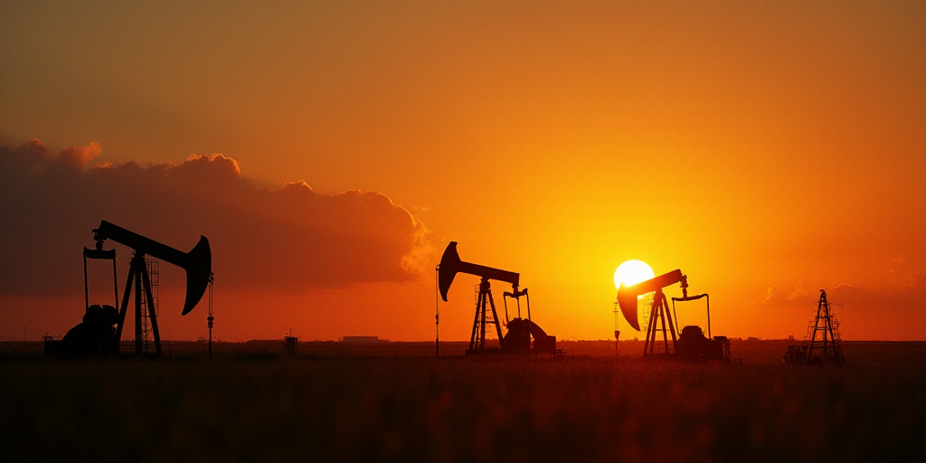 a sunset view of oil pumps in the middle of a field with the sun setting in the background and a few