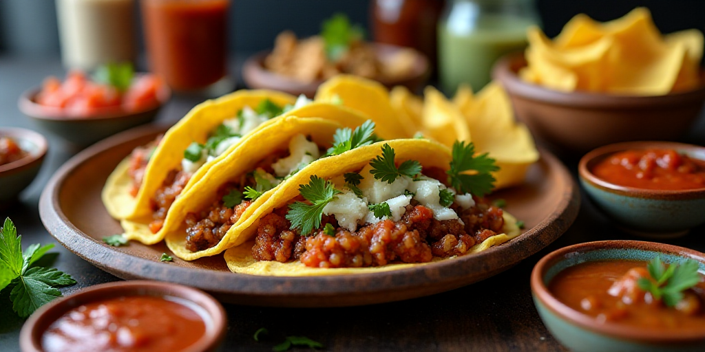 a table filled with tacos and salsas and chips and salsa sauces and salsa sauces and salsa sauces, A