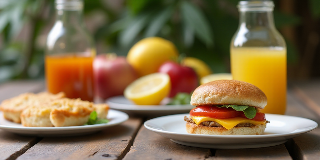 a table topped with plates of food and drinks next to a bottle of juice and a sandwich on a plate, C