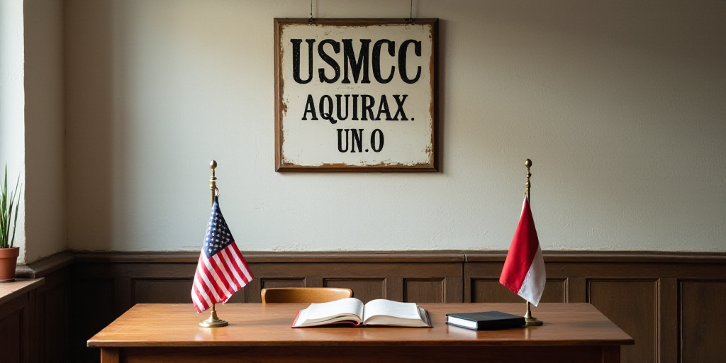 a table with a book, passport, and flags on it and a wall with a sign that says usmcc, Aquirax Uno,