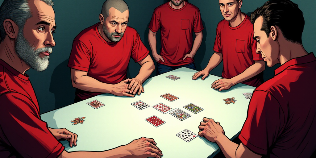 a table with a lot of cards on it and people standing around it with red shirts on them and a white