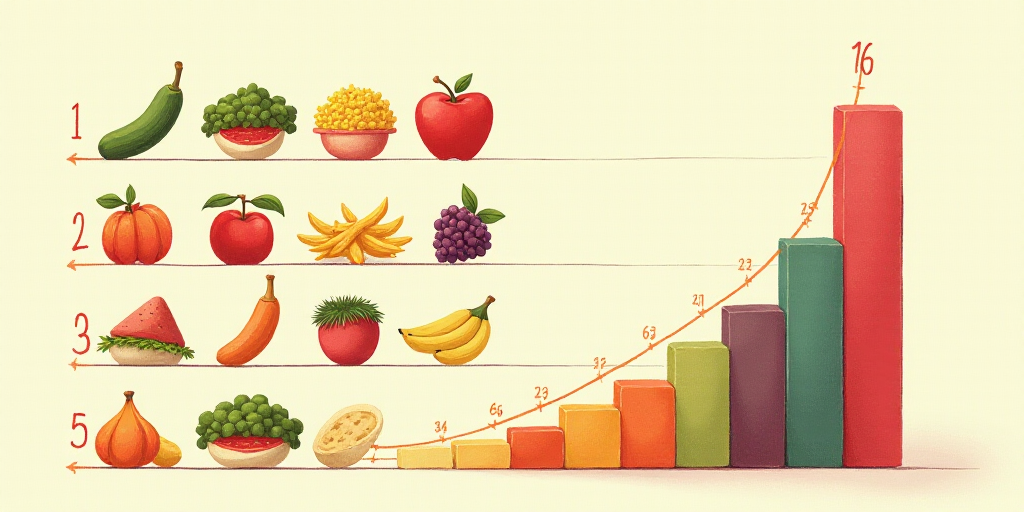 a table with a number of different foods on it and a bar graph with numbers of different foods on it