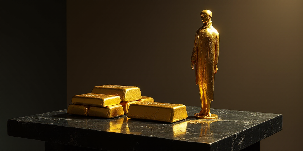 a table with gold bars on it and a person standing next to them on the table with a black surface, C